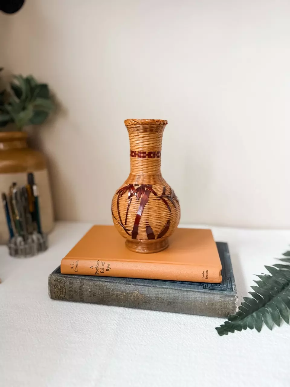 plant/Rattan wrapped vase-0