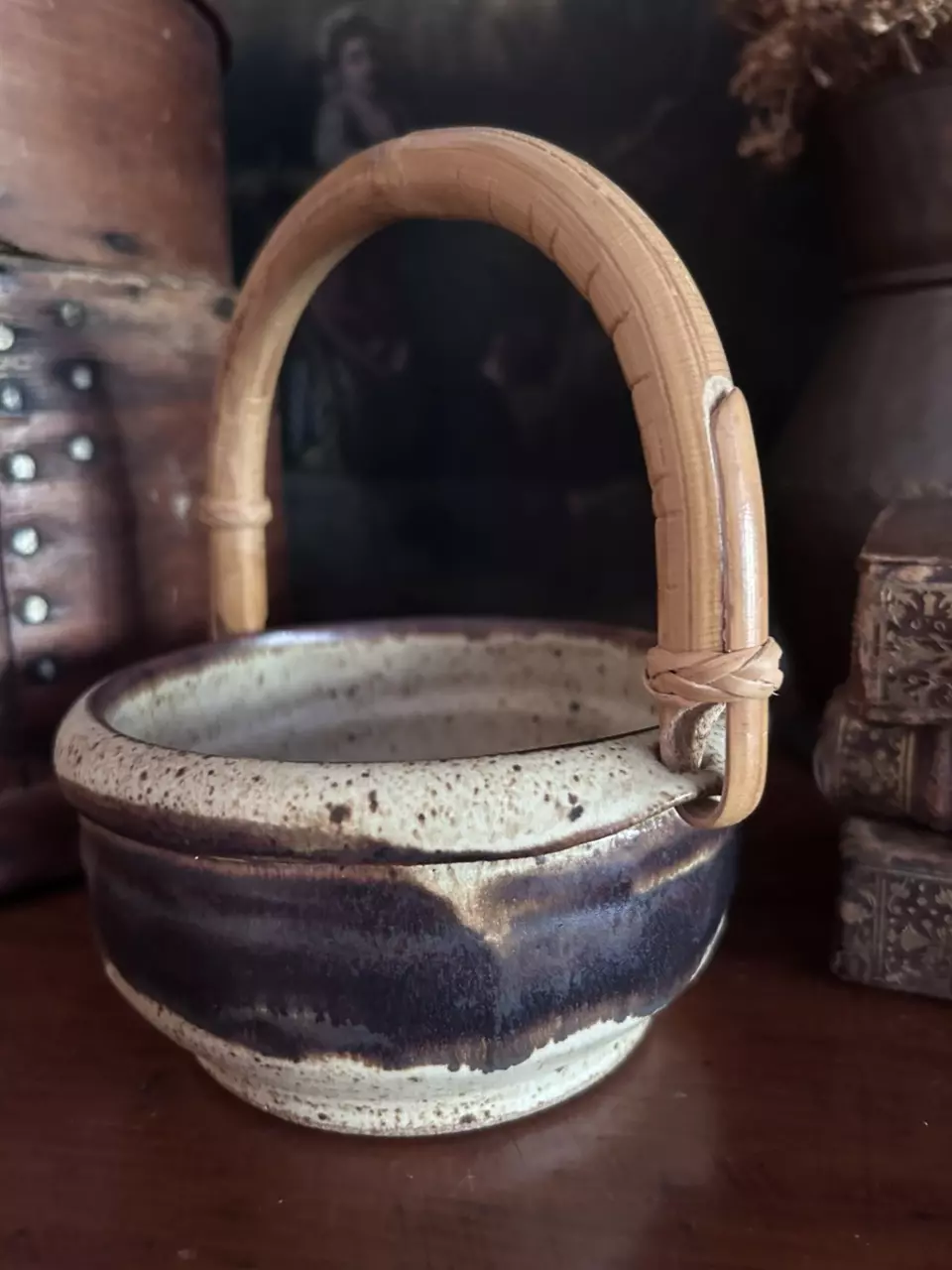 plant/Vintage Pottery Planter with Bamboo Handle-1