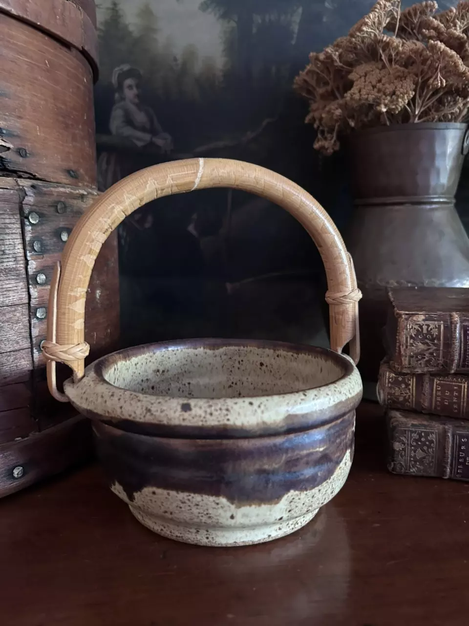 plant/Vintage Pottery Planter with Bamboo Handle-5