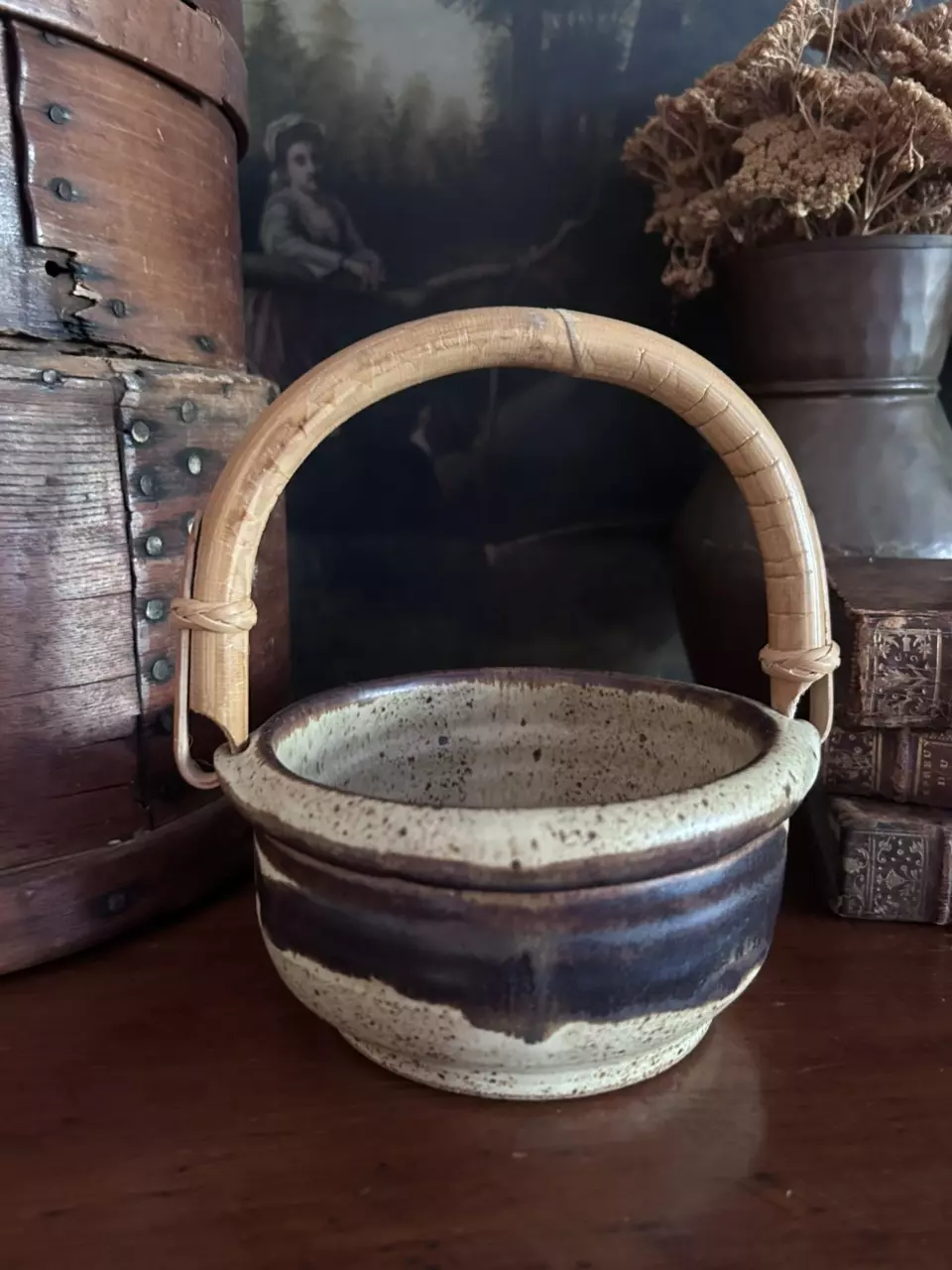plant/Vintage Pottery Planter with Bamboo Handle-0