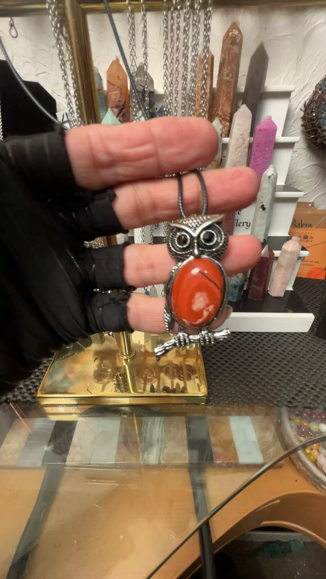 plant/Black obsidian and Jasper owl pendant necklace-0