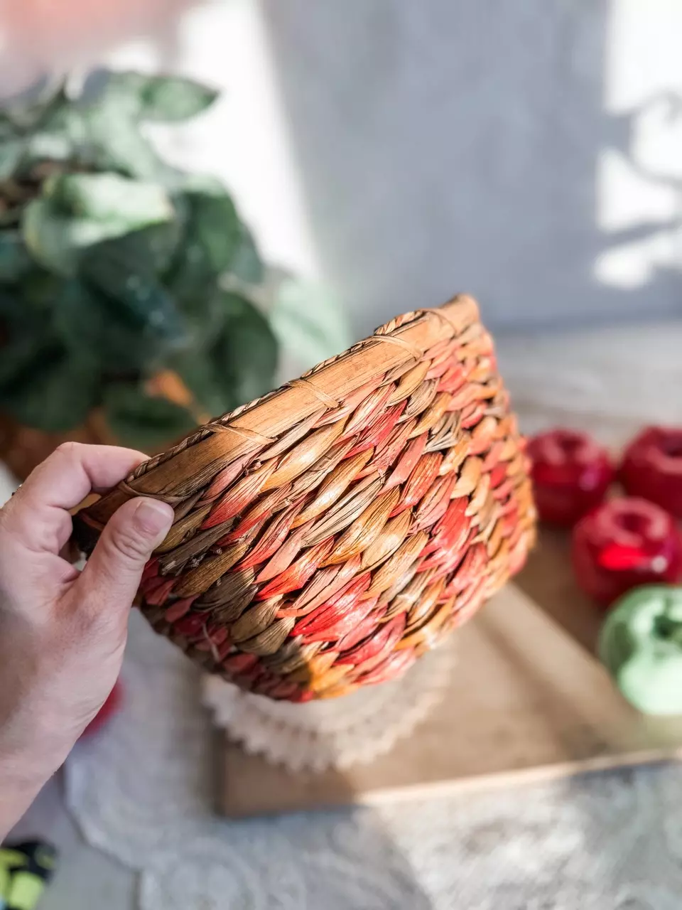 plant/Red and brown basket with handle-1