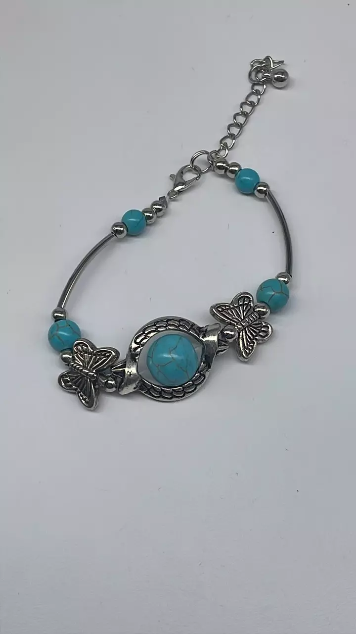 plant/Butterfly silver tone turquoise bracelet-0