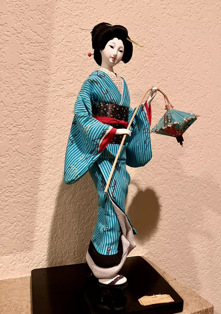 plant/Striking Blue Vintage Japanese Kimono Geisha Doll 14" Nishi-0