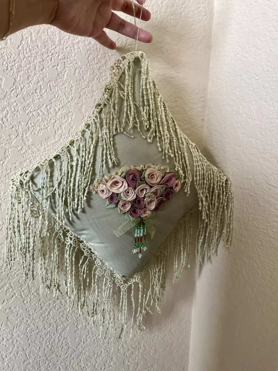 plant/Vintage Victorian style hanging vintage pillow silk rossettes.-1