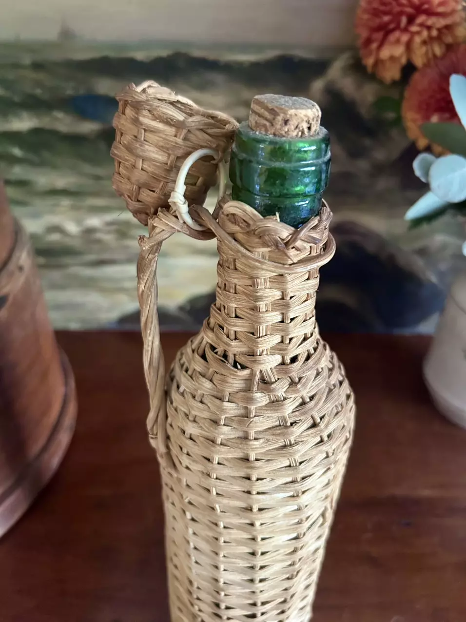 plant/Vintage Wicker Wrapped Green Bottle With Li-4