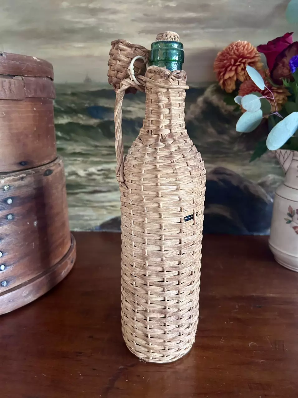 plant/Vintage Wicker Wrapped Green Bottle With Li-0