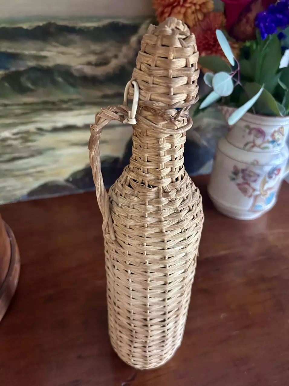 plant/Vintage Wicker Wrapped Green Bottle With Li-1