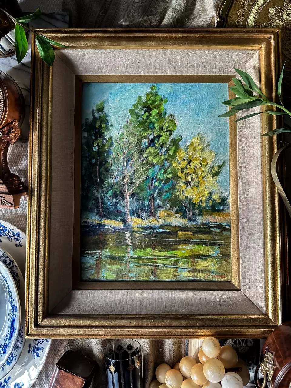 plant/Vintage original landscape oil painting-0