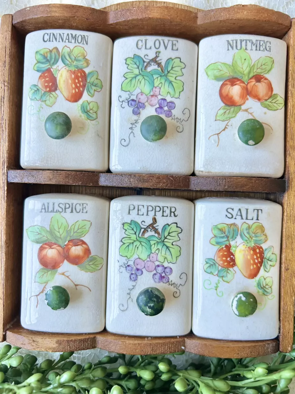 plant/vintage ceramic spice rack with six jars-1