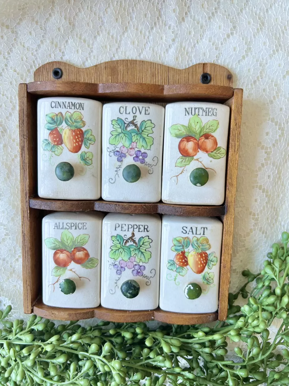 plant/vintage ceramic spice rack with six jars-0