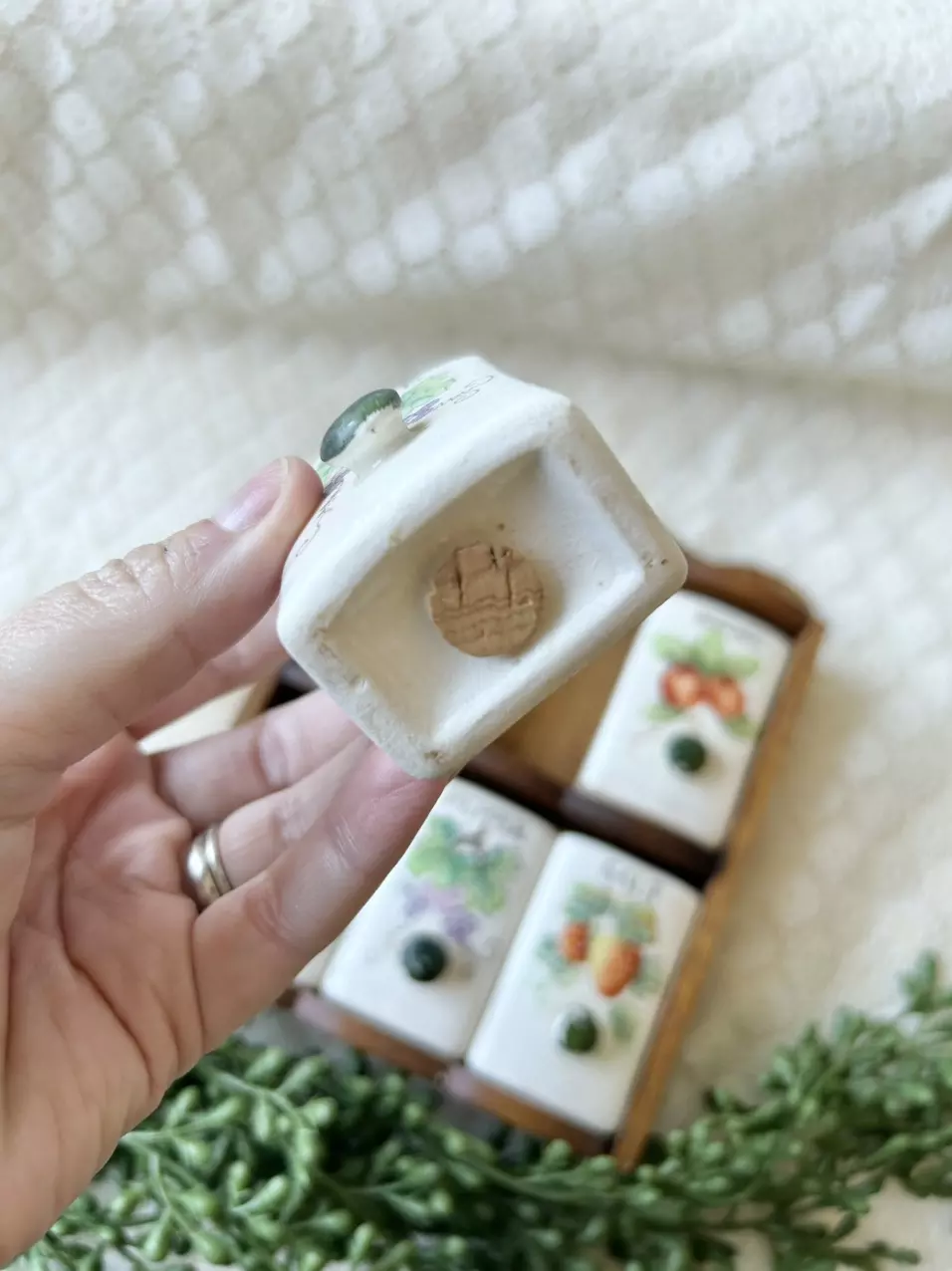 plant/vintage ceramic spice rack with six jars-3