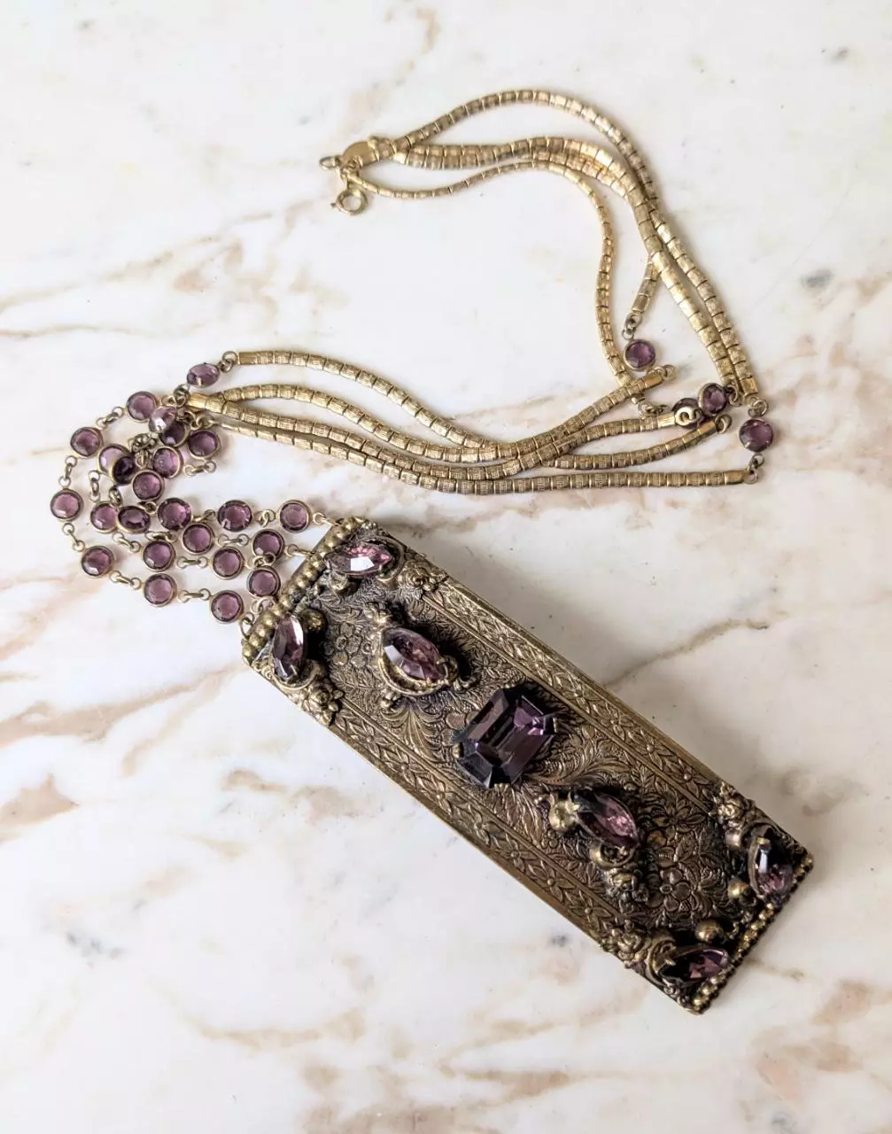 plant/1920s French pendent with Amethyst colored crystals-0