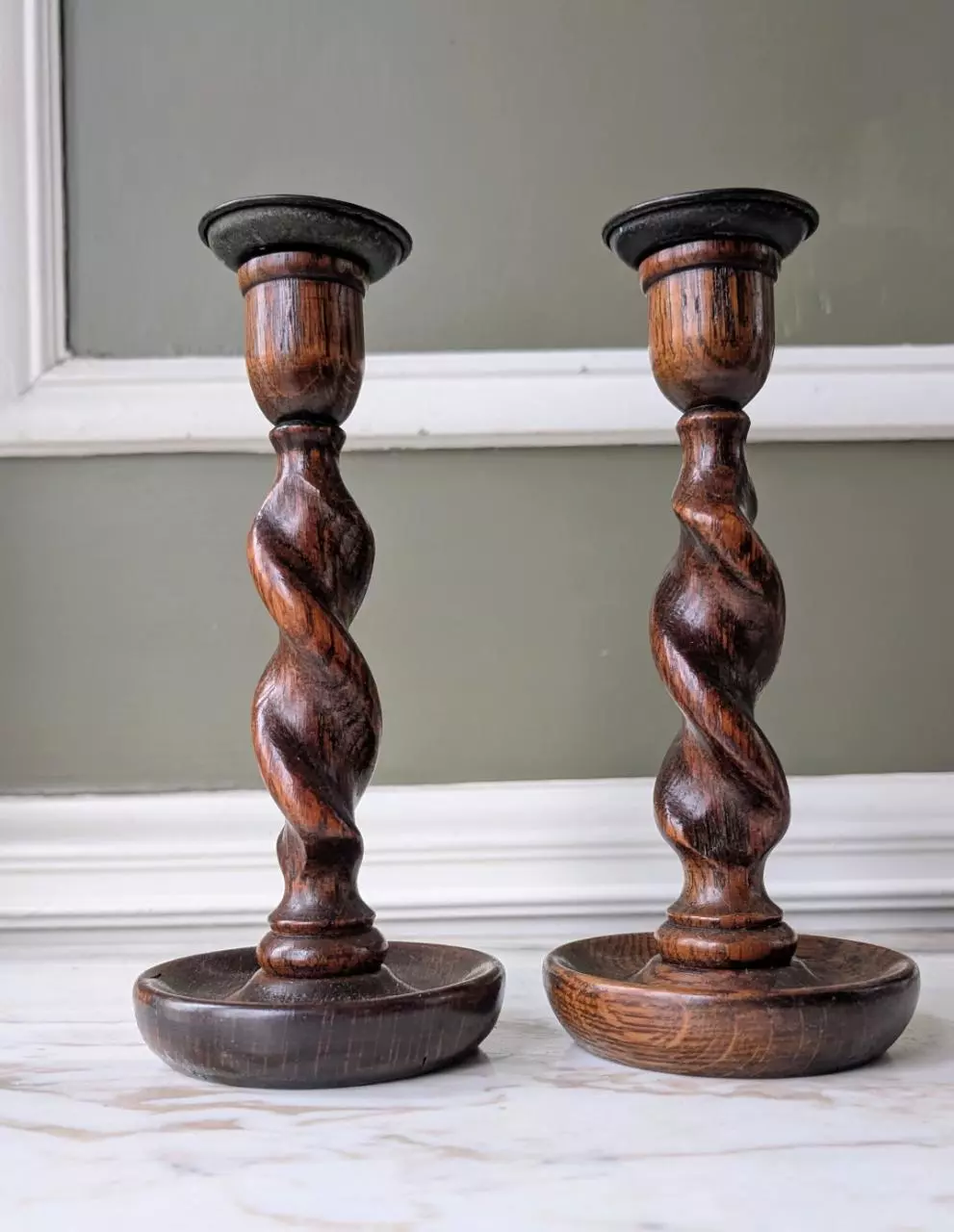 plant/Antique English Oak Barley Twist Candlesticks-0