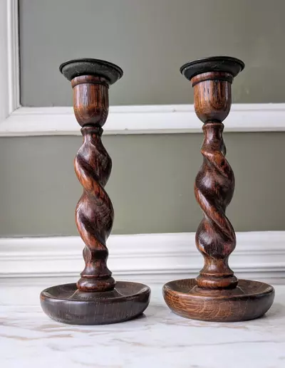 plant/Antique English Oak Barley Twist Candlesticks-0-thumbnail