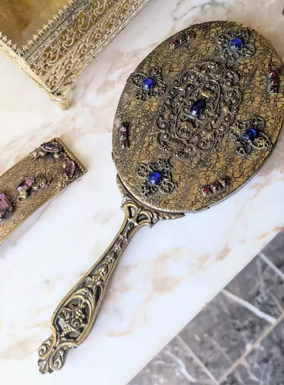 plant/Antique Hand Mirror with blue and red crystals-1-thumbnail