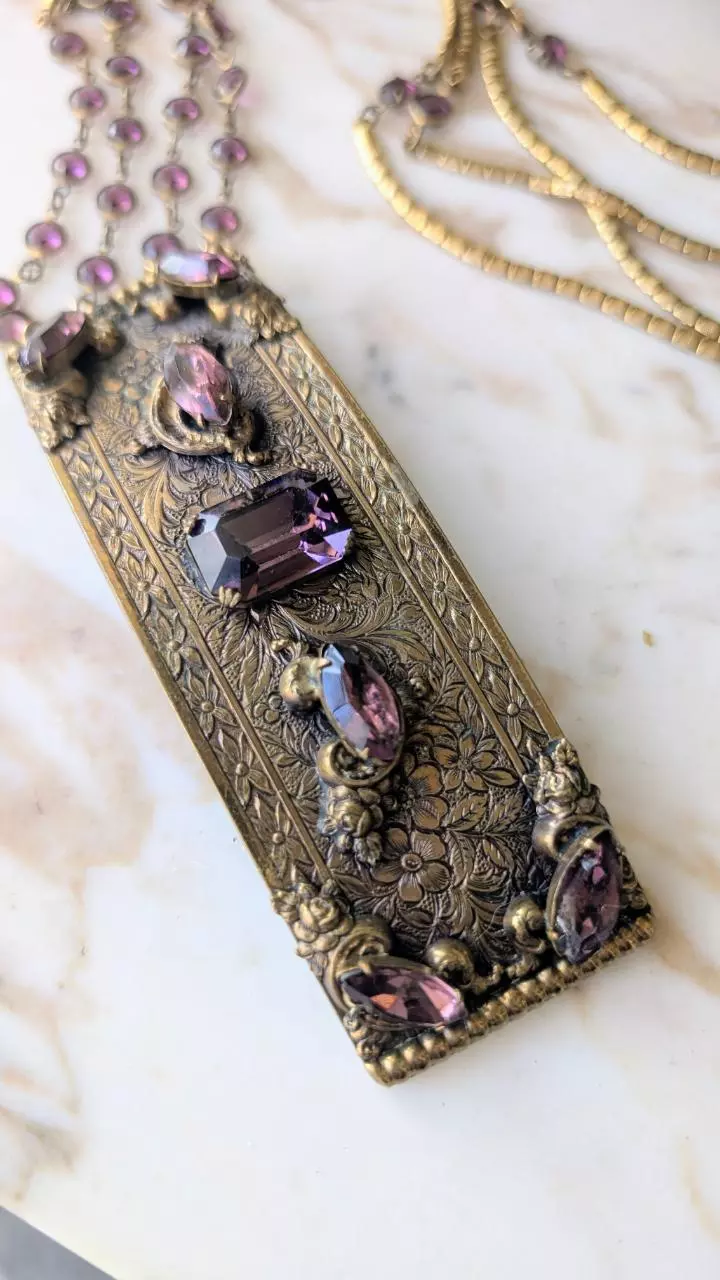 plant/1920s French pendent with Amethyst colored crystals-1