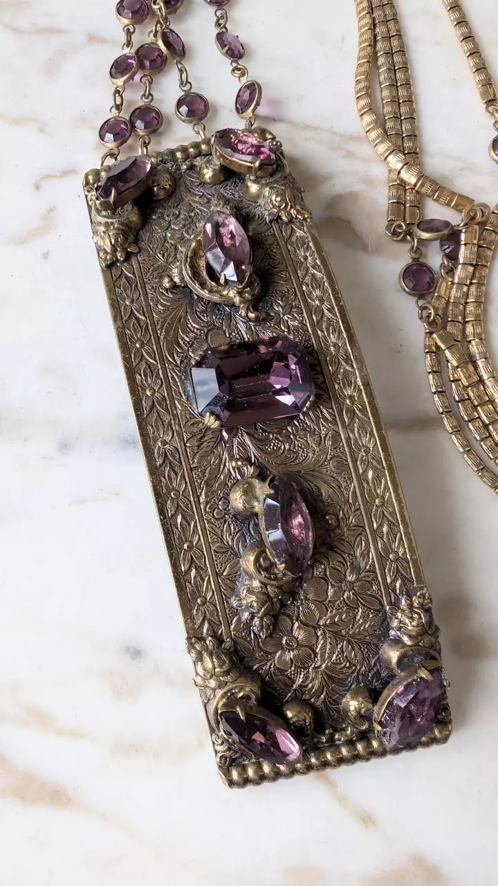 plant/1920s French pendent with Amethyst colored crystals-2