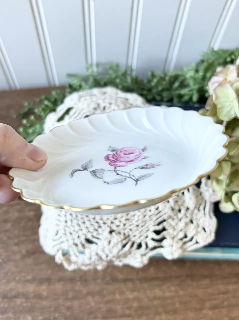 plant/Limoges trinket tray- pink rose- 4 1/2”-1