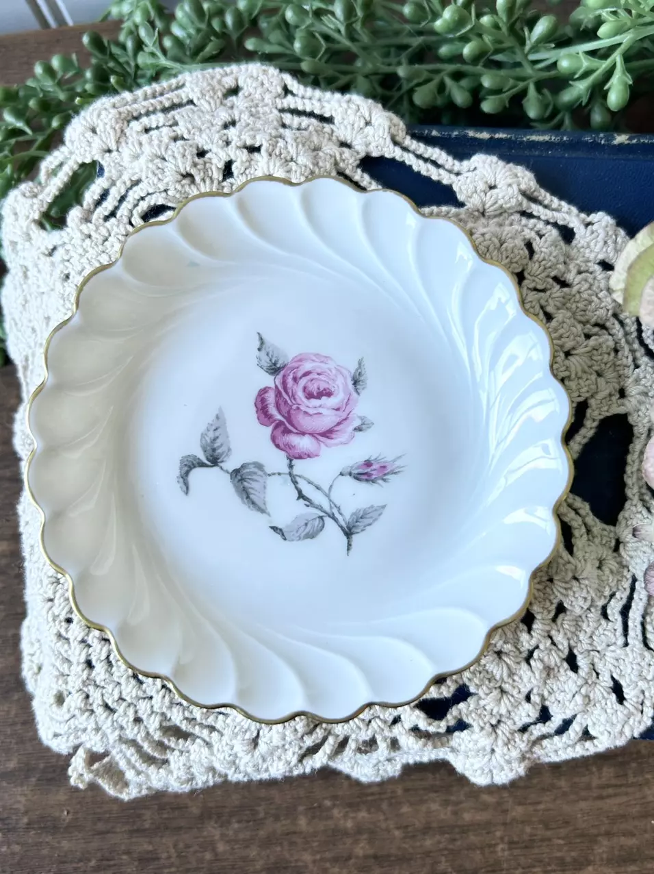 plant/Limoges trinket tray- pink rose- 4 1/2”-0