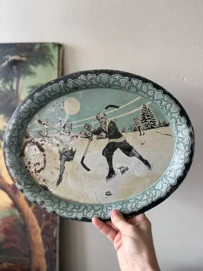 plant/Vintage metal serving tray with skating scene-0-thumbnail