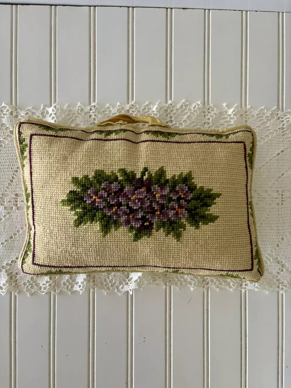 plant/Needlepoint pillow with purple violets-0