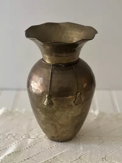 plant/Brass Hammered Vase with Tassels-0-thumbnail