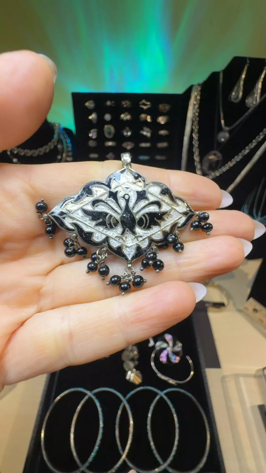 plant/Vintage old world black and white enamel over sterling pendant-0