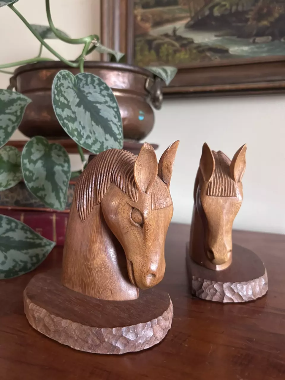 plant/Hand Carved Wooden Horse Head Bookends-0