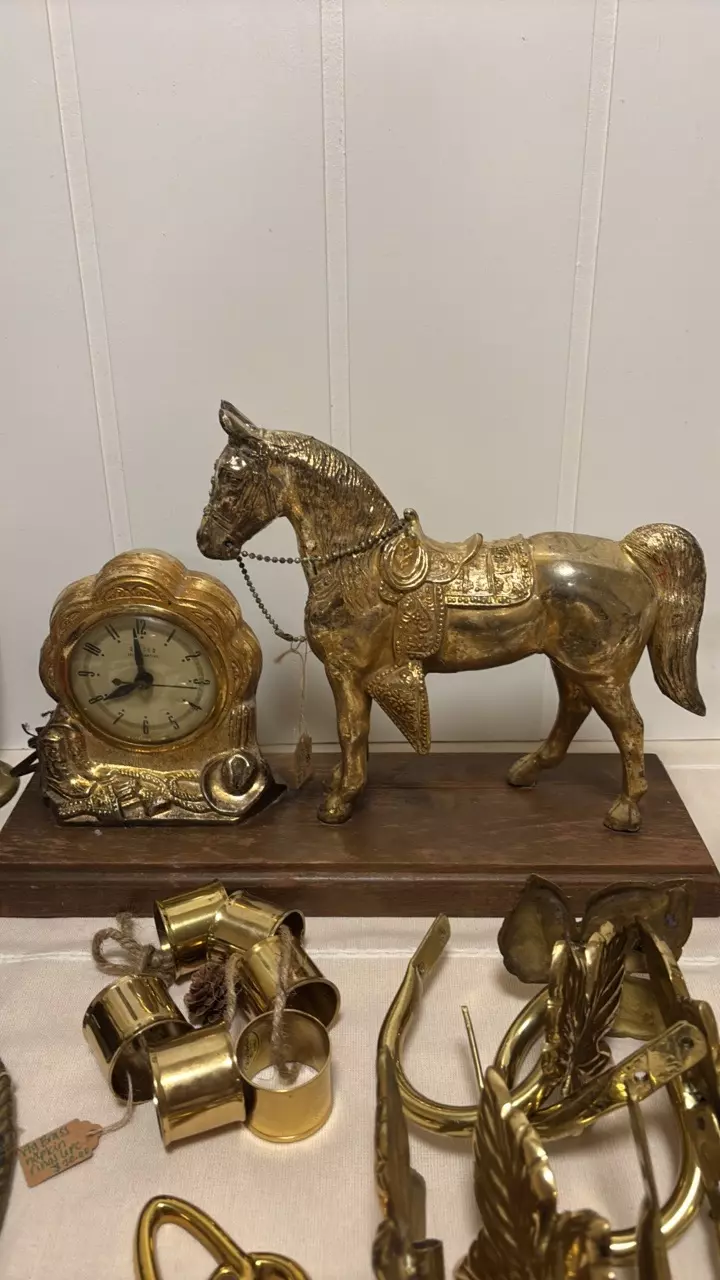 plant/vintage brass horse clock-0
