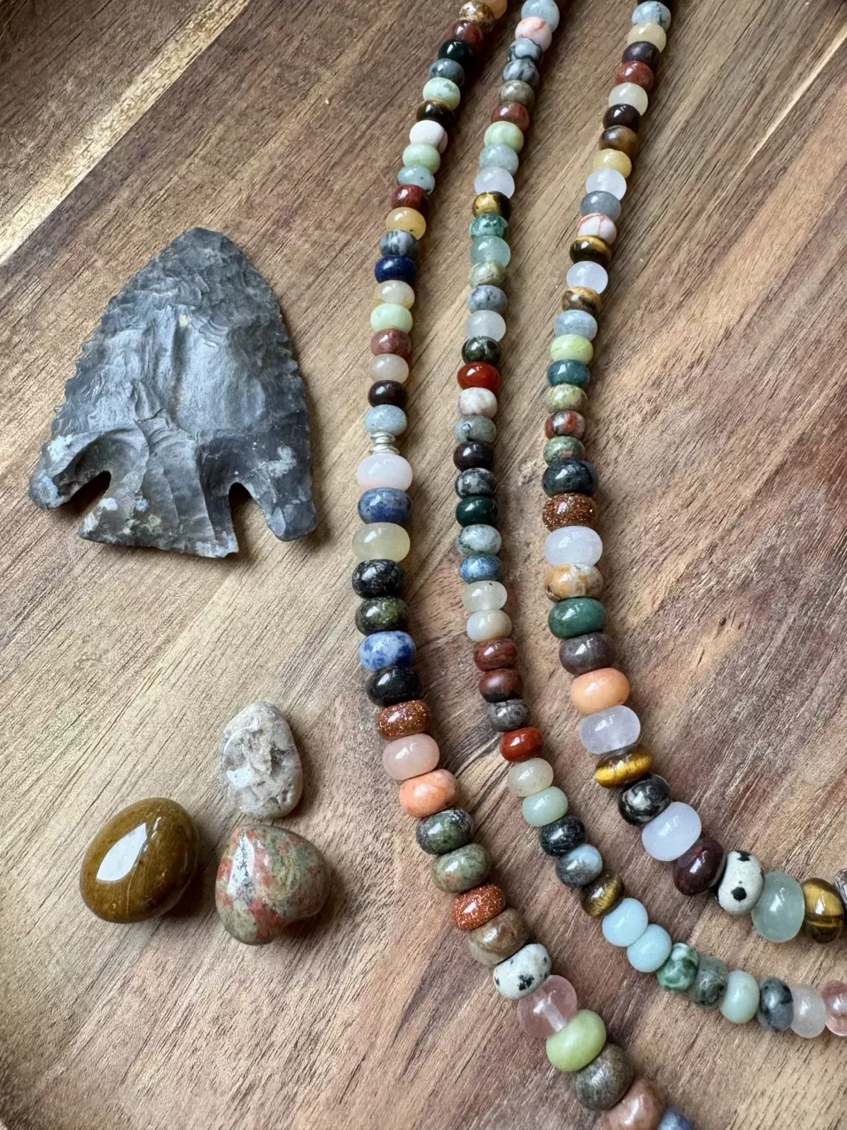 plant/mixed stone graduated rondelle necklace long (handmade)-1