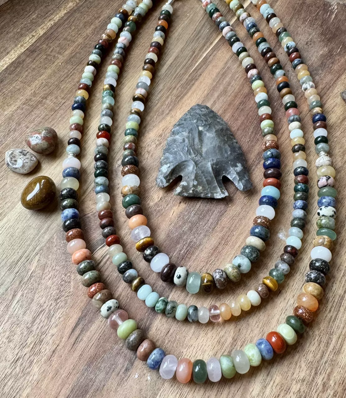 plant/mixed stone graduated rondelle necklace long (handmade)-2