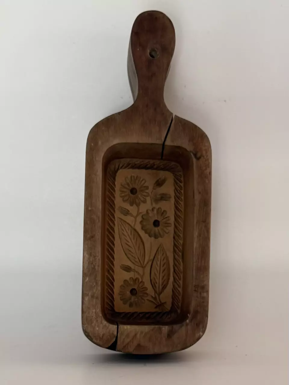 plant/Antique French Wooden Butter Mold – Hand-Carved Floral Design – Late 19th/Early-1