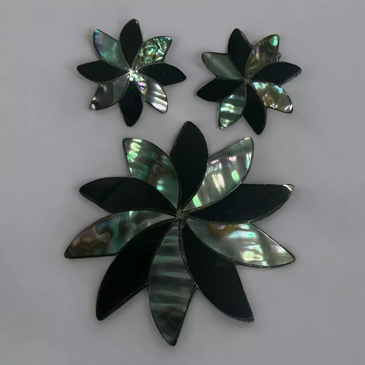 plant/Vintage Sterling Silver Mexico Abalone Onyx Brooch Earrings-0