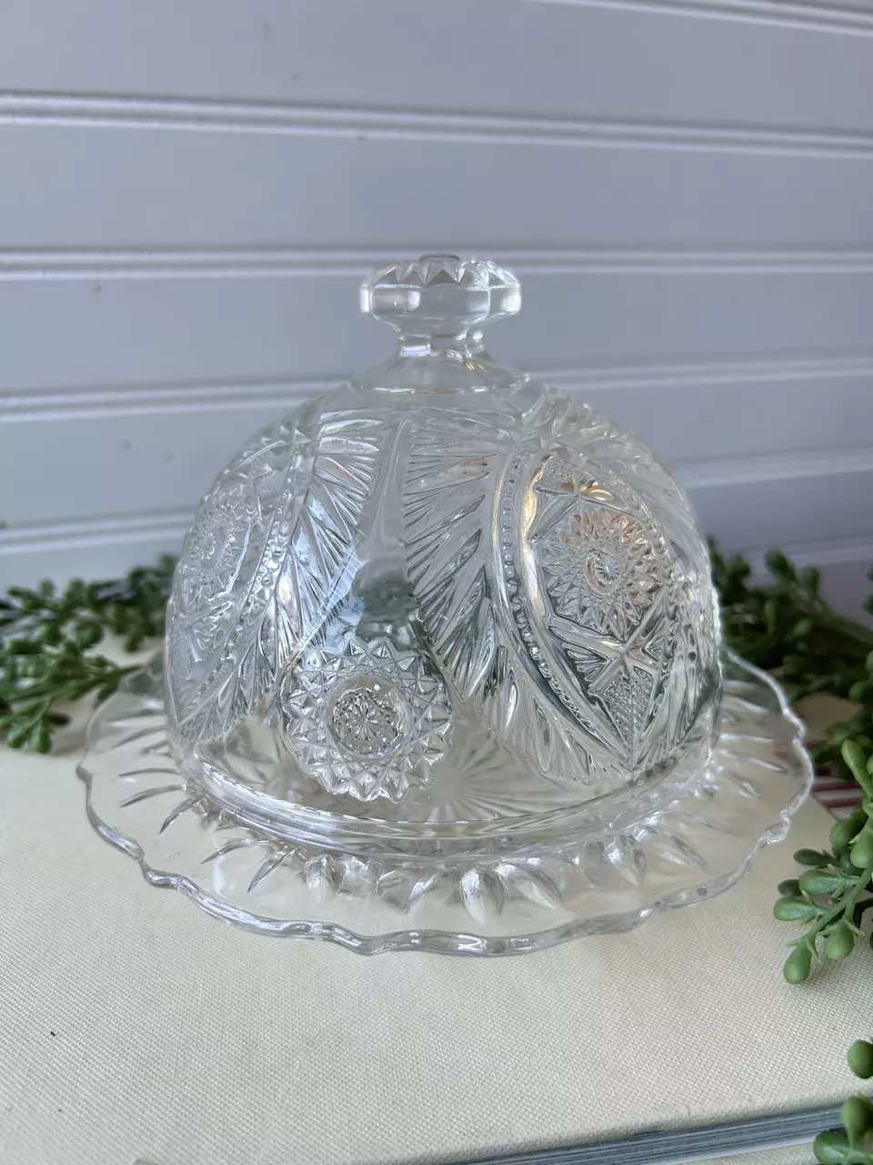 plant/clear domed pressed glass butter dish-0