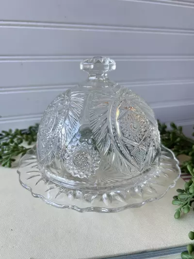 plant/clear domed pressed glass butter dish-0-thumbnail