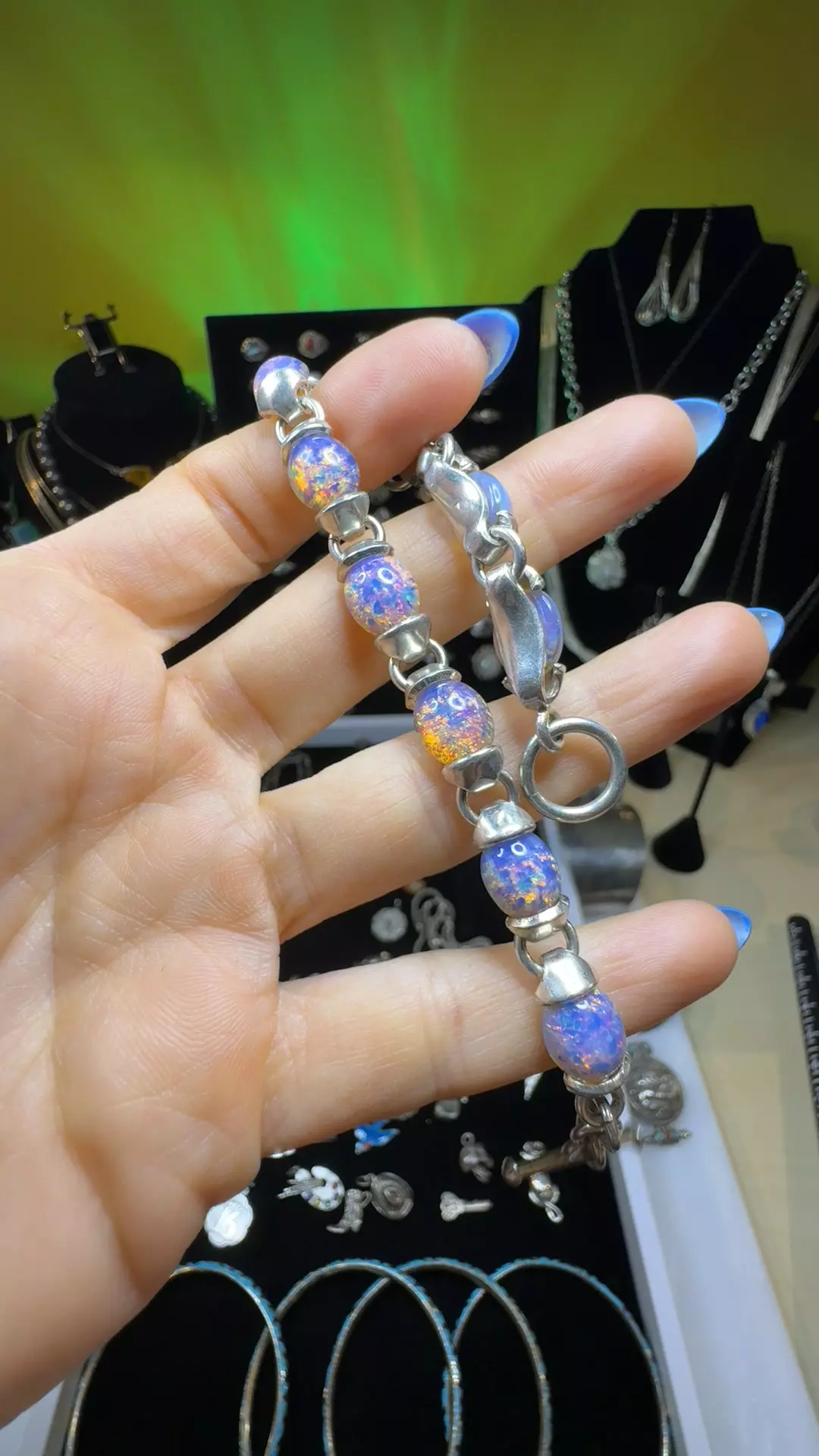 plant/Vintage (T mark) Taxco foil opal toggle bracelet-0