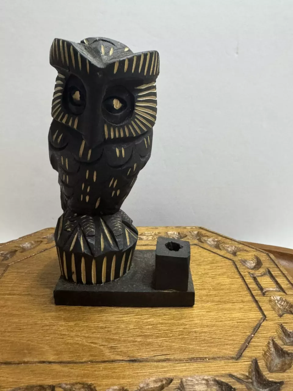 plant/Carved Wooden Owl Figurine Pen Holder 5.5" Tall-0