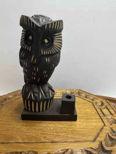 plant/Carved Wooden Owl Figurine Pen Holder 5.5" Tall-0-thumbnail