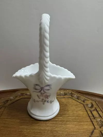 plant/Westmoreland Milk Glass Hand-Painted Roses & Bows Basket-0-thumbnail