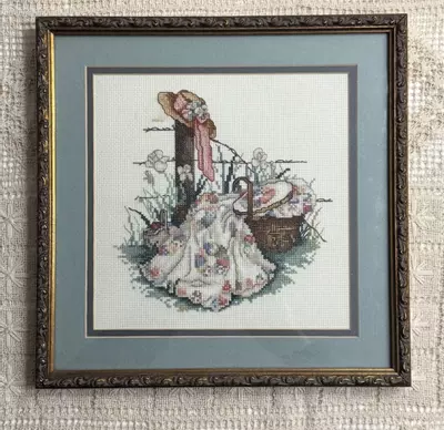 plant/Summers Remembered Framed cross stitch with quilt and hat-0-thumbnail