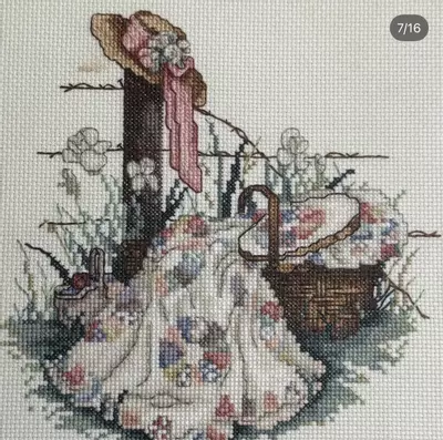 plant/Summers Remembered Framed cross stitch with quilt and hat-1-thumbnail