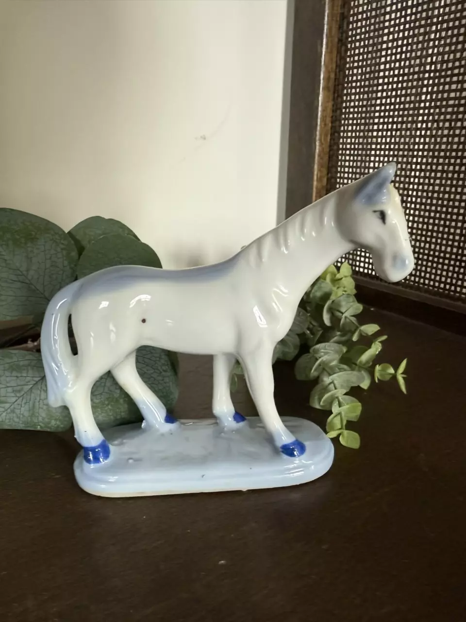 plant/Blue porcelain horse figurine Japan-0