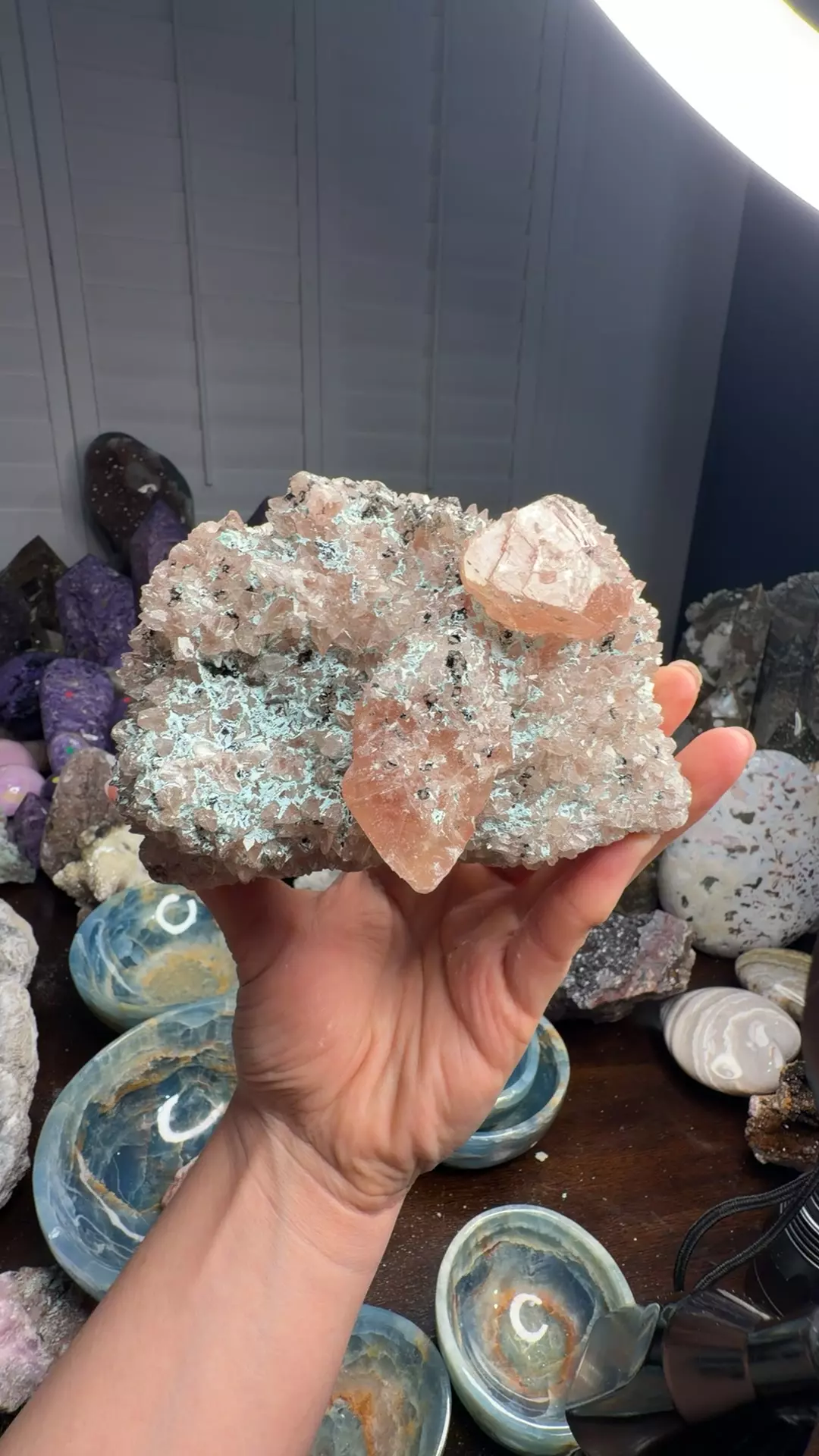 plant/new find pink calcite with chrysocolla malachite-0