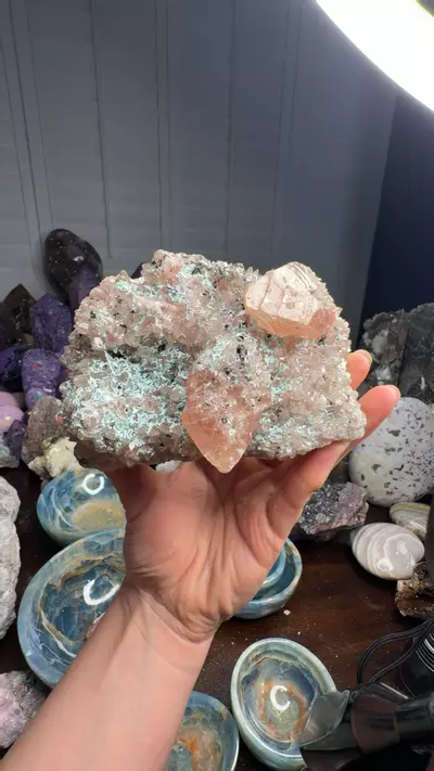 plant/new find pink calcite with chrysocolla malachite-0-thumbnail