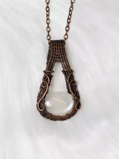 plant/White Moonstone Copper Wired Pendant with Chain -0-thumbnail