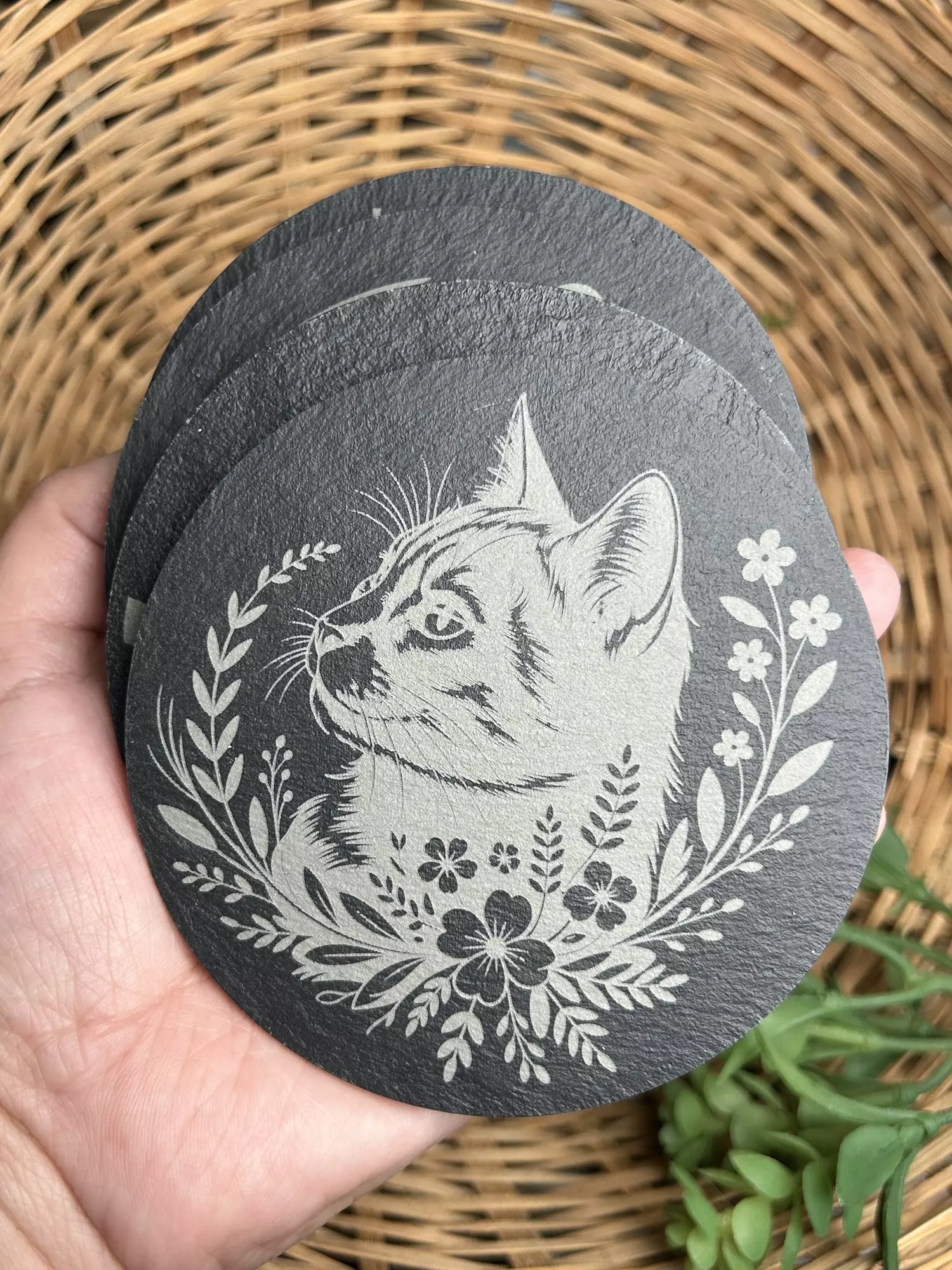 plant/Floral Kitty Laser Engraved Slate Coaster set of 4-0
