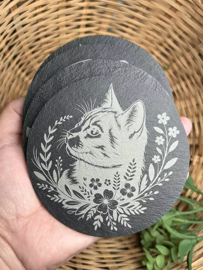 plant/Floral Kitty Laser Engraved Slate Coaster set of 4-0-thumbnail