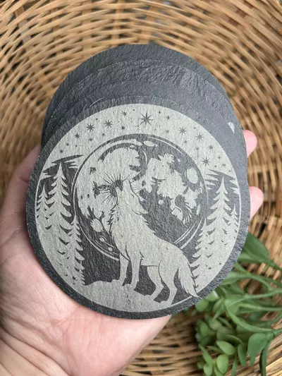 plant/Full Moon and Wolf Laser Engraved Slate Coaster set of 4-0-thumbnail