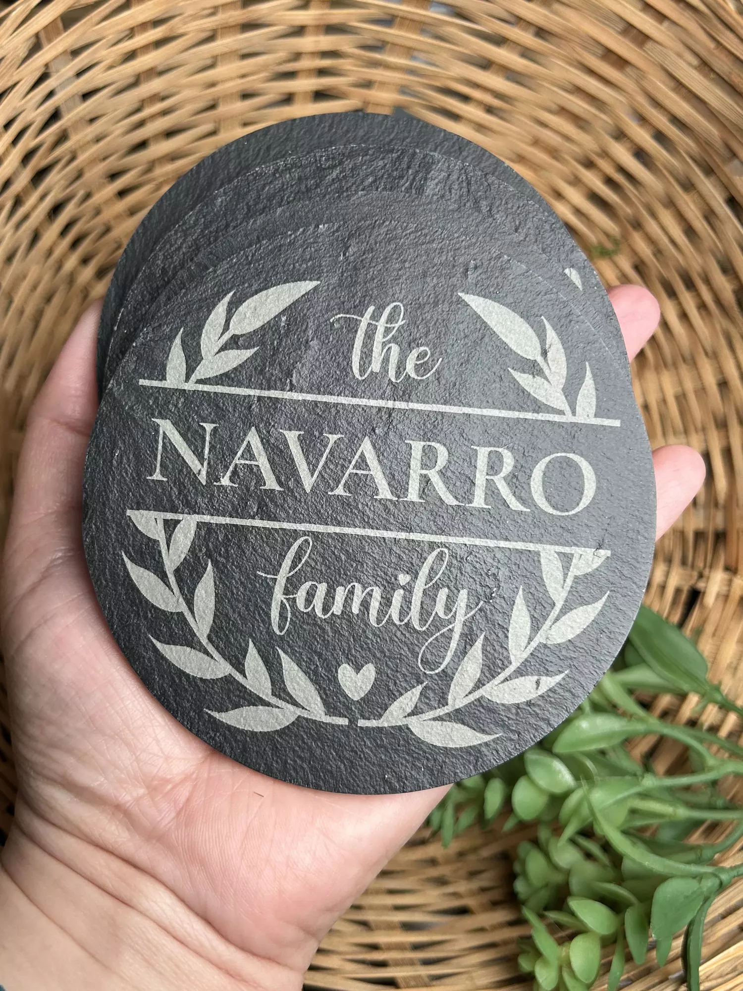 plant/Family Laser Engraved Slate Coaster set of 4. Please message me your last name.-0